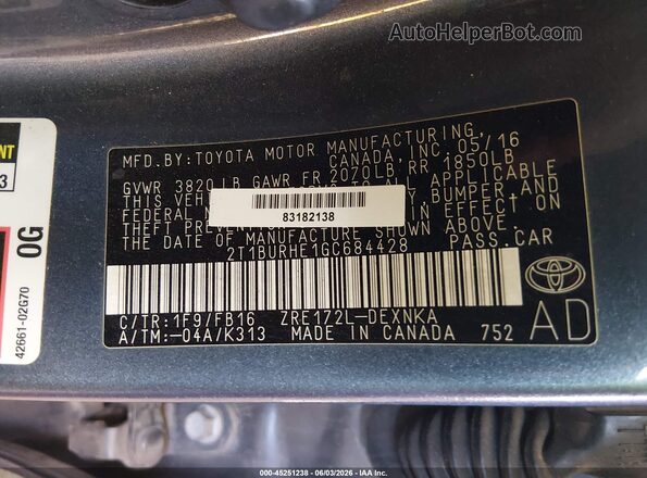 2T1BURHE1GC684428 2016 TOYOTA COROLLA Gray Engine compartment view