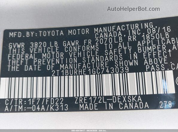 2T1BURHE1GC743039 2016 TOYOTA COROLLA Silver Engine compartment view
