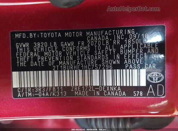 2T1BURHE1HC757296 2017 TOYOTA COROLLA Red Vista del compartimento del motor
