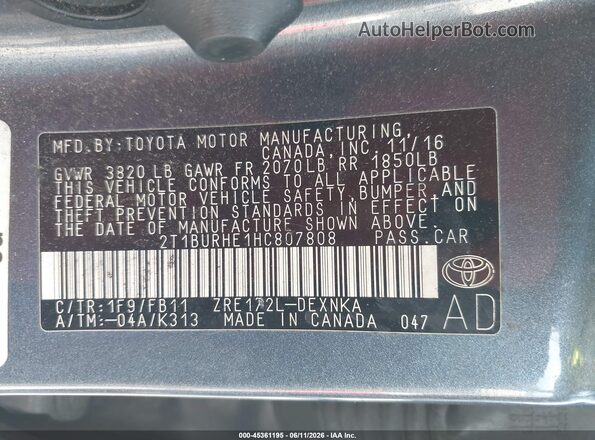 2T1BURHE1HC807808 2017 TOYOTA COROLLA Gray Widok komory silnika
