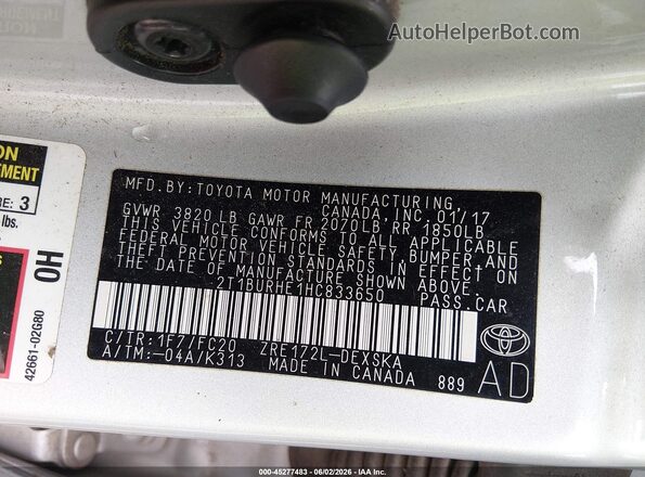 2T1BURHE1HC833650 2017 TOYOTA COROLLA Silver ძრავის განყოფილების ხედი