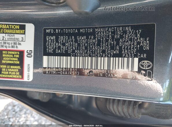 2T1BURHE1HC878247 2017 TOYOTA COROLLA Gray ძრავის განყოფილების ხედი