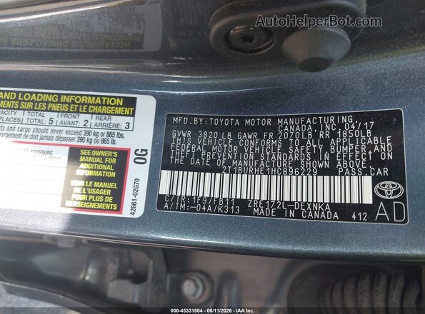 2T1BURHE1HC896229 2017 TOYOTA COROLLA Gray Vista del compartimento del motor