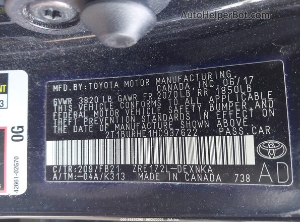 2T1BURHE1HC937622 2017 TOYOTA COROLLA Black Engine compartment view