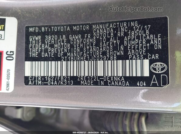 2T1BURHE1JC029788 2018 TOYOTA COROLLA Gray Widok komory silnika