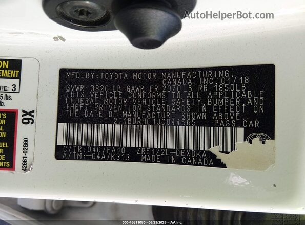 2T1BURHE1JC044565 2018 TOYOTA COROLLA Белый Вид подкапотного пространства