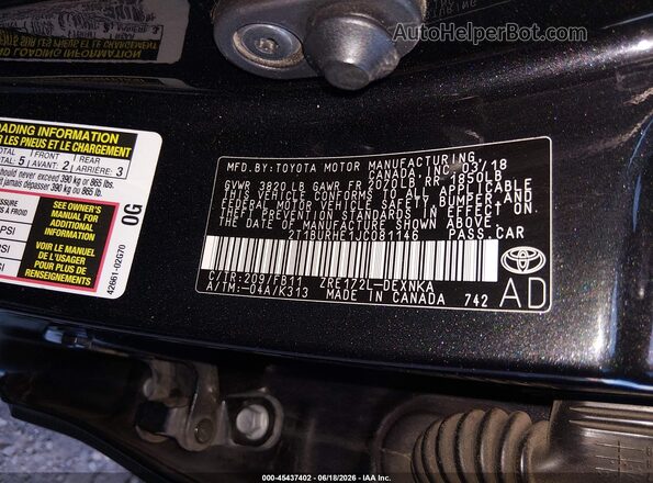 2T1BURHE1JC081146 2018 TOYOTA COROLLA Black Вид підкапотного простору