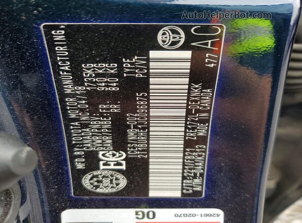 2T1BURHE1JC096875 2018 TOYOTA COROLLA Teal VIN კოდის სტიკერის ხედი