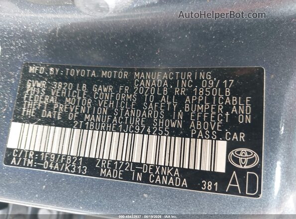 2T1BURHE1JC974255 2018 TOYOTA COROLLA Blue 