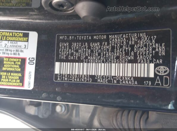 2T1BURHE1JC985062 2018 TOYOTA COROLLA Black Vista del compartimento del motor