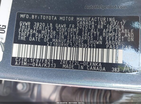 2T1BURHE1JC989211 2018 TOYOTA COROLLA Gray Engine compartment view