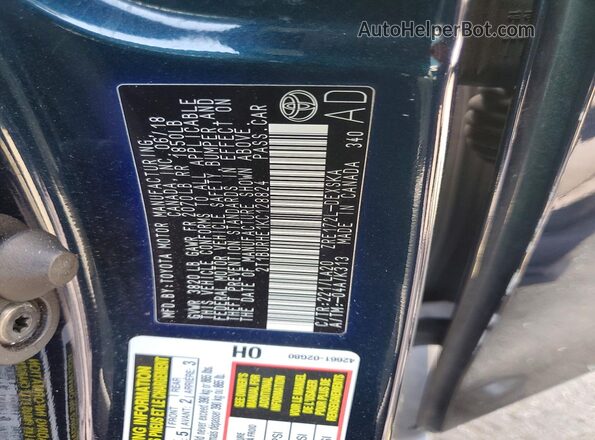 2T1BURHE1KC128824 2019 TOYOTA COROLLA Blue Vista de la etiqueta del VIN