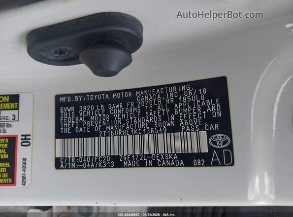 2T1BURHE1KC136549 2019 TOYOTA COROLLA White Vista del compartimento del motor