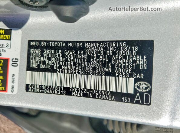 2T1BURHE1KC161578 2019 TOYOTA COROLLA Silver Вид підкапотного простору