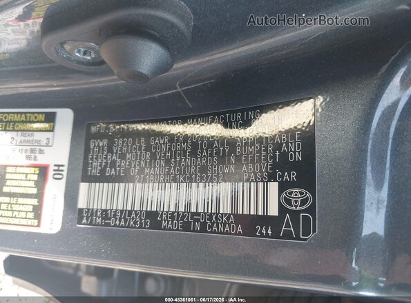 2T1BURHE1KC163752 2019 TOYOTA COROLLA Gray Widok komory silnika