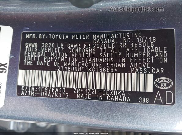 2T1BURHE1KC186884 2019 TOYOTA COROLLA Gray 