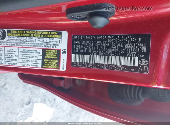 2T1BURHE1KC194287 2019 TOYOTA COROLLA Красный Вид подкапотного пространства