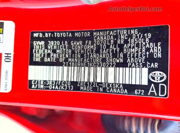 2T1BURHE1KC230222 2019 TOYOTA COROLLA Red VIN կոդի պիտակի տեսք