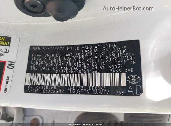 2T1BURHE2GC511386 2016 TOYOTA COROLLA White Вид підкапотного простору