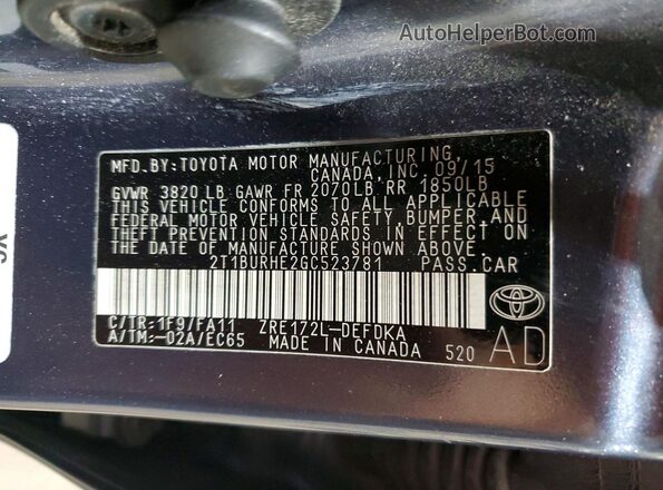 2T1BURHE2GC523781 2016 TOYOTA COROLLA Gray 