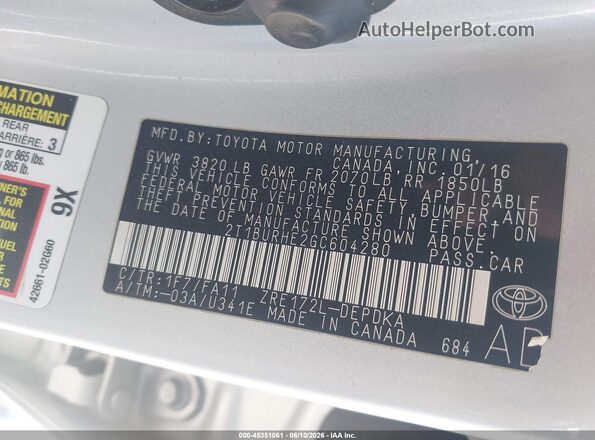 2T1BURHE2GC604280 2016 TOYOTA COROLLA Silver Շարժիչի բաժամունքի տեսք