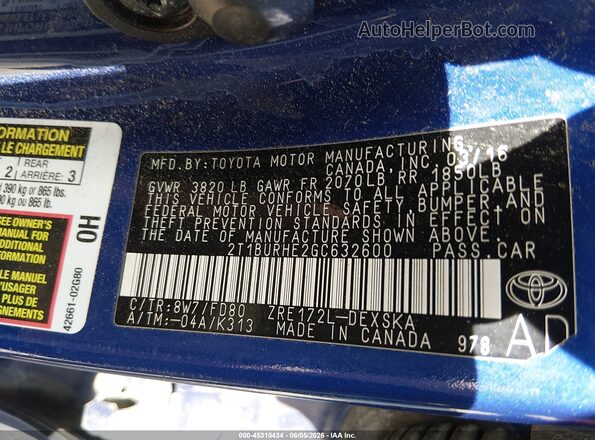 2T1BURHE2GC632600 2016 TOYOTA COROLLA Blue Vista del compartimento del motor