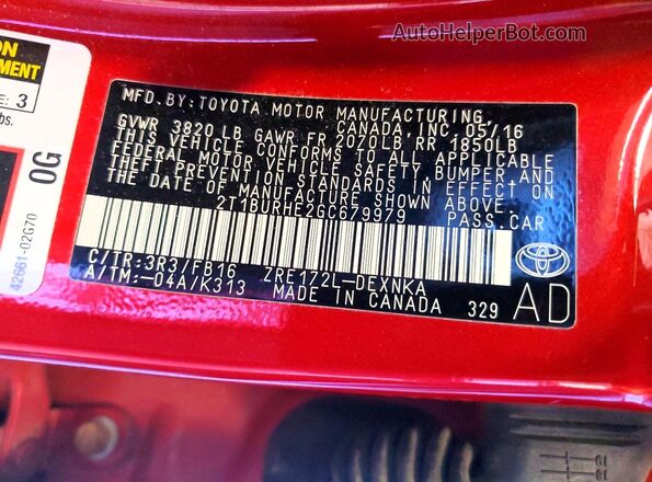 2T1BURHE2GC679979 2016 TOYOTA COROLLA Red 