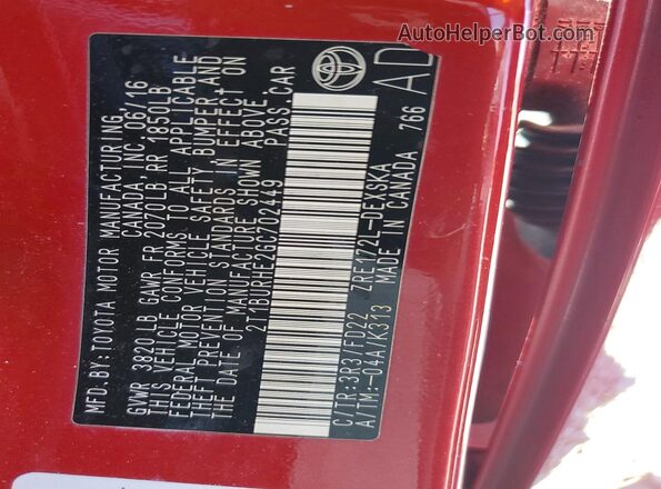 2T1BURHE2GC702449 2016 TOYOTA COROLLA Red 