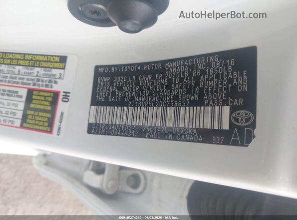 2T1BURHE2GC738657 2016 TOYOTA COROLLA Белый 
