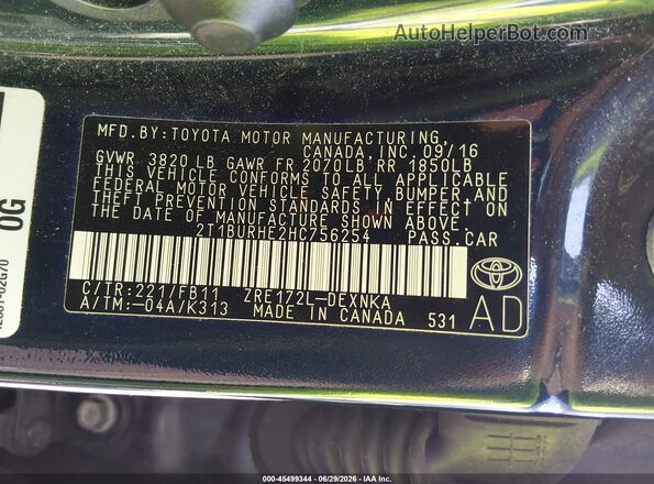 2T1BURHE2HC756254 2017 TOYOTA COROLLA Черный Вид подкапотного пространства