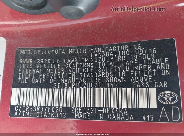 2T1BURHE2HC760143 2017 TOYOTA COROLLA Red Engine compartment view