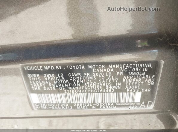 2T1BURHE2HC764452 2017 TOYOTA COROLLA Gray Շարժիչի բաժամունքի տեսք