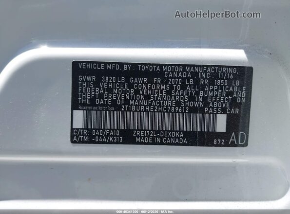 2T1BURHE2HC789612 2017 TOYOTA COROLLA White Widok komory silnika
