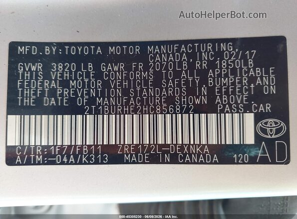 2T1BURHE2HC856872 2017 TOYOTA COROLLA Silver 