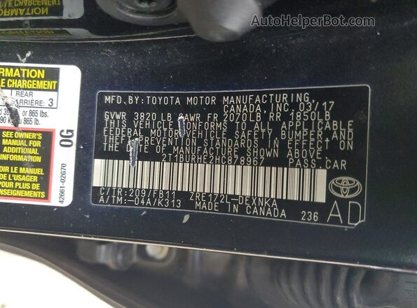 2T1BURHE2HC878967 2017 TOYOTA COROLLA Black Вид підкапотного простору