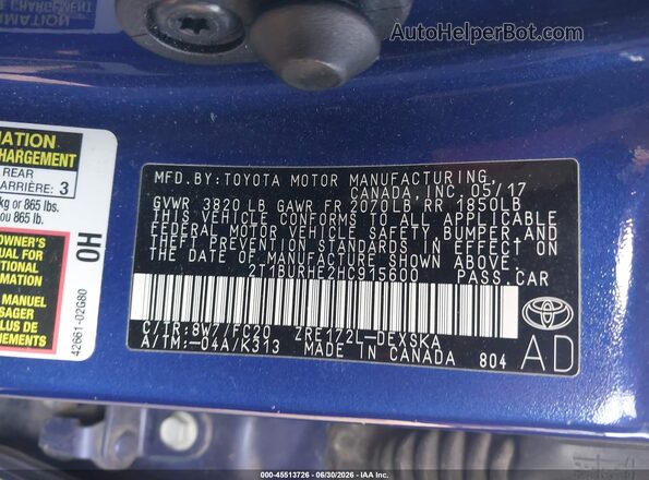 2T1BURHE2HC915600 2017 TOYOTA COROLLA Синий Вид подкапотного пространства