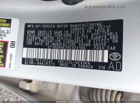 2T1BURHE2HC924166 2017 TOYOTA COROLLA Silver Vista del compartimento del motor