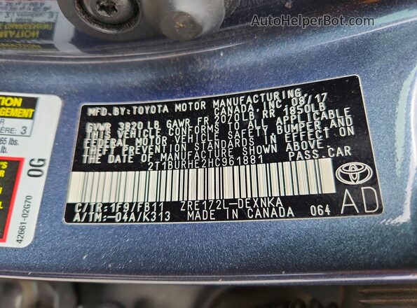 2T1BURHE2HC961881 2017 TOYOTA COROLLA Gray 