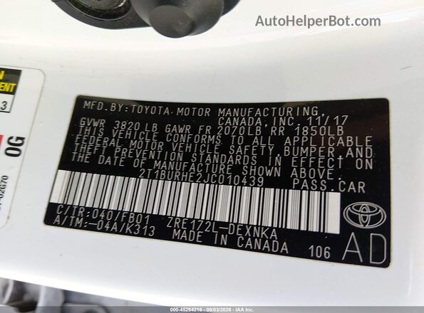 2T1BURHE2JC010439 2018 TOYOTA COROLLA White Widok komory silnika