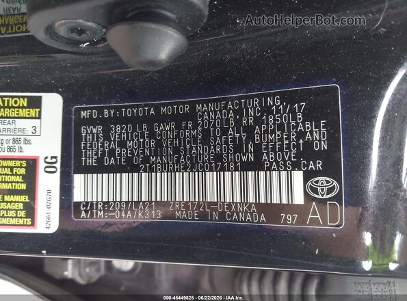 2T1BURHE2JC017181 2018 TOYOTA COROLLA Black Engine compartment view