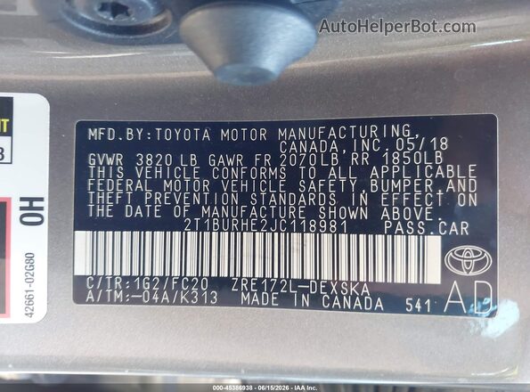 2T1BURHE2JC118981 2018 TOYOTA COROLLA Gray Engine compartment view