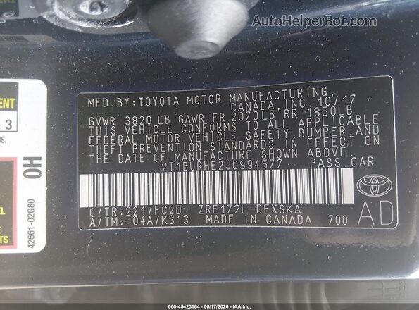 2T1BURHE2JC994577 2018 TOYOTA COROLLA Green 