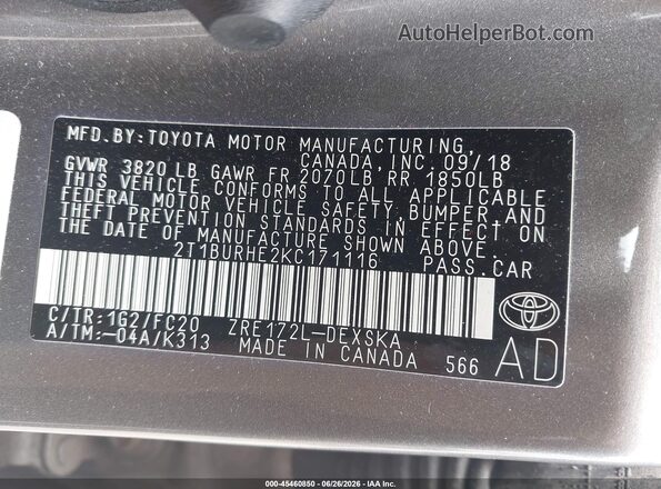 2T1BURHE2KC171116 2019 TOYOTA COROLLA Brown Շարժիչի բաժամունքի տեսք