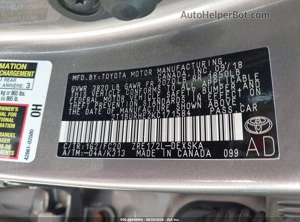 2T1BURHE2KC171584 2019 TOYOTA COROLLA Gray Engine compartment view