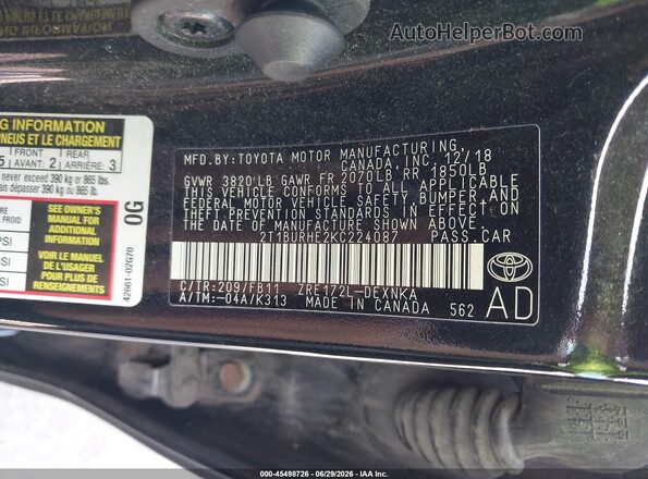 2T1BURHE2KC224087 2019 TOYOTA COROLLA Black Vista del compartimento del motor