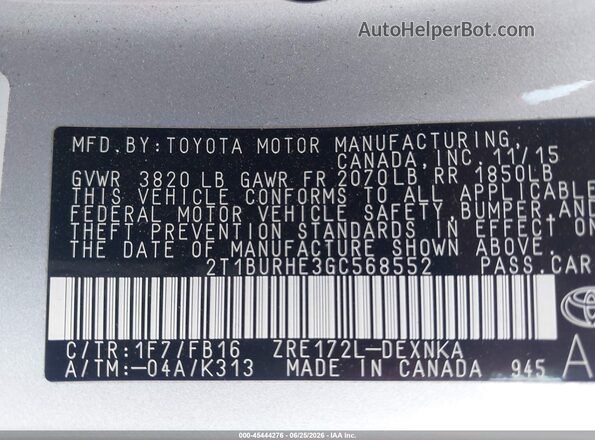 2T1BURHE3GC568552 2016 TOYOTA COROLLA Silver Widok komory silnika