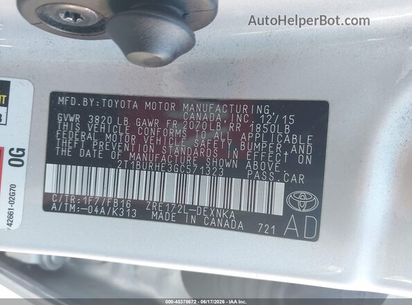 2T1BURHE3GC571323 2016 TOYOTA COROLLA Silver Շարժիչի բաժամունքի տեսք