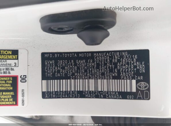 2T1BURHE3GC605969 2016 TOYOTA COROLLA White ძრავის განყოფილების ხედი