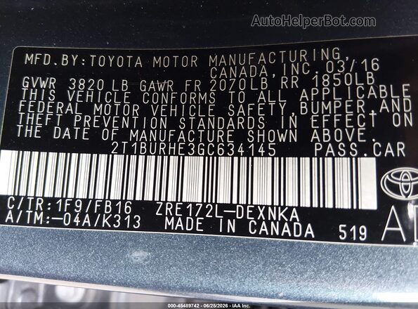 2T1BURHE3GC634145 2016 TOYOTA COROLLA Gray Engine compartment view