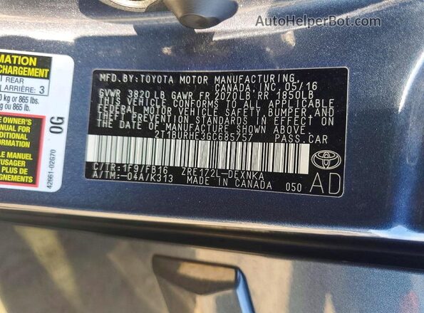 2T1BURHE3GC685757 2016 TOYOTA COROLLA Blue Widok komory silnika